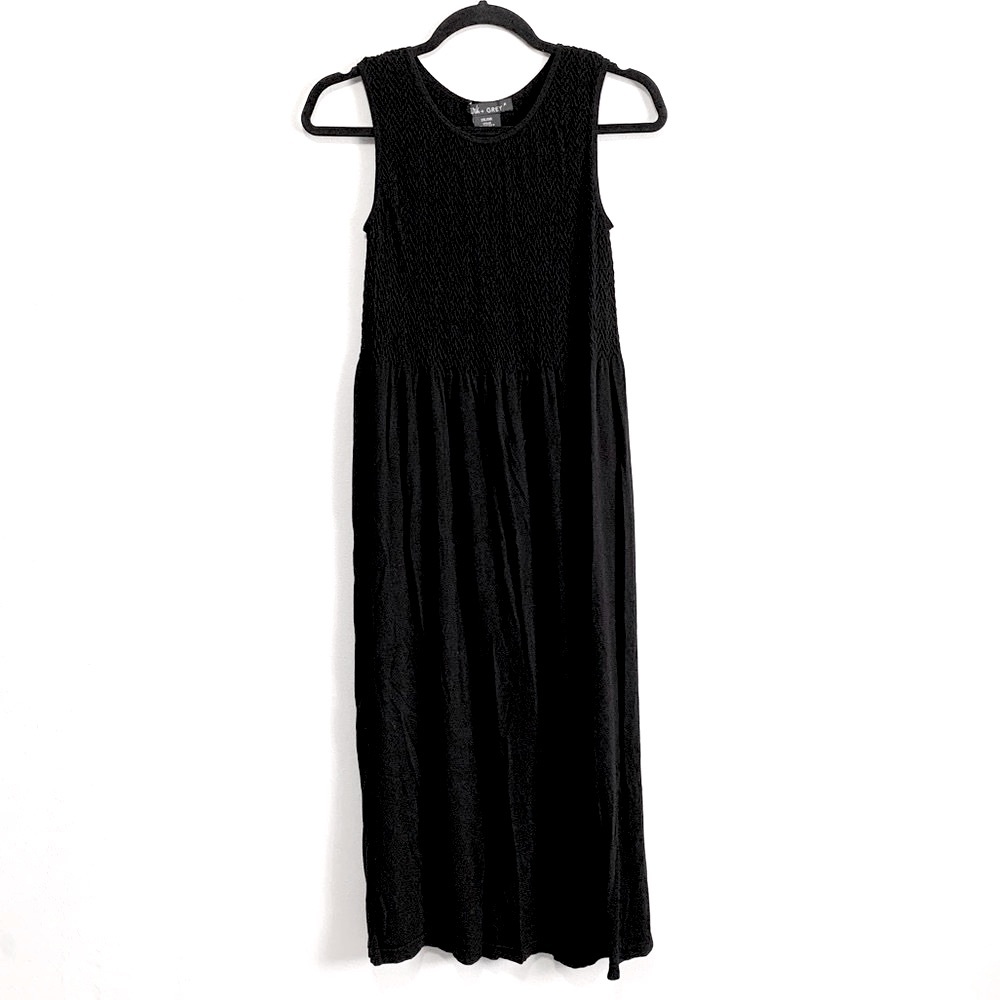 Lark + Grey Black Smocked Sleeveless Midi Dress